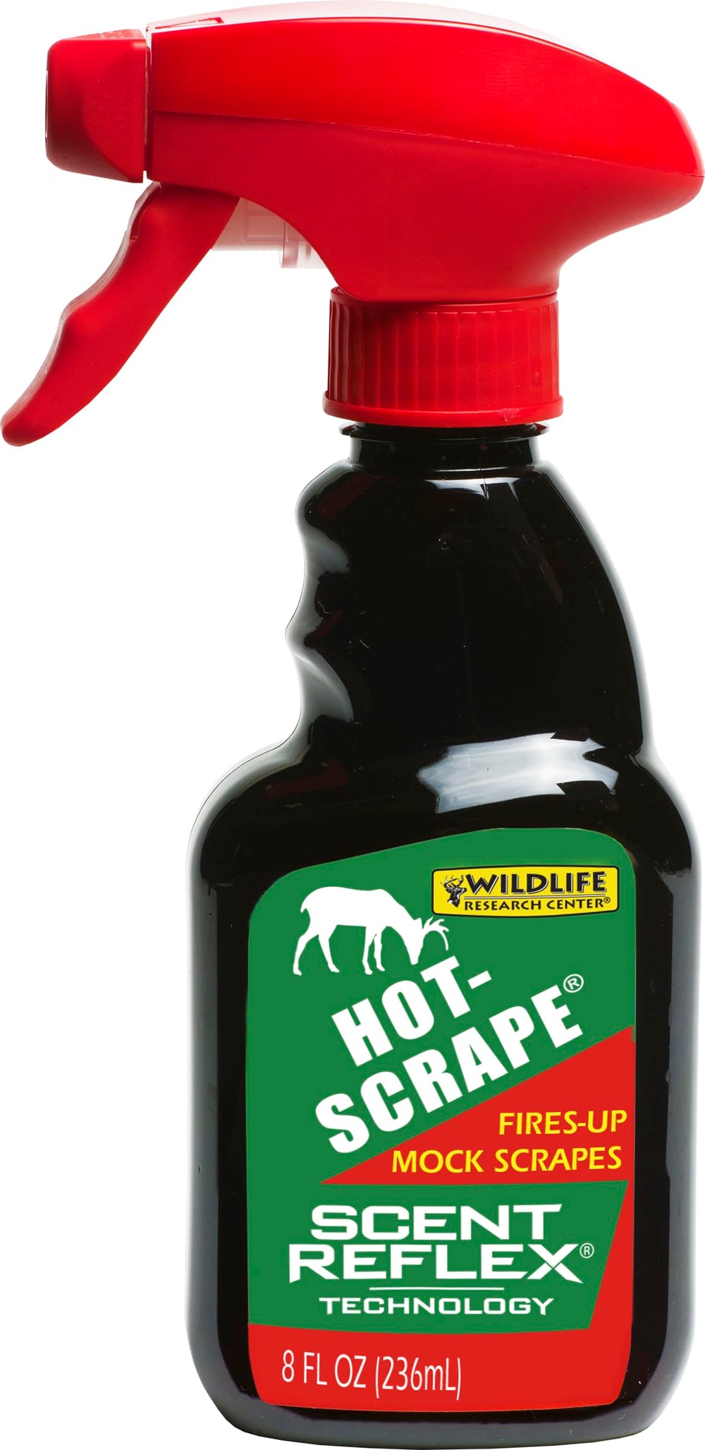 Wildlife Research Center Hot-Scrape 8oz trigger bottle in silver, premium scent for proactive scrapes.