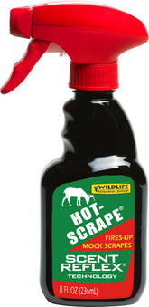 Wildlife Research Center Hot-Scrape 8oz trigger bottle in silver, premium scent for proactive scrapes.