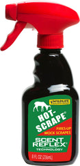 Wildlife Research Center Hot-Scrape 8oz trigger bottle in silver, premium scent for proactive scrapes.