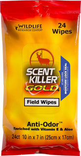 Wildlife Research Center Scent Killer Field Wipes pack in gold for field odor control.
