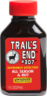 Trails End Buck Lure bottle in amber glass showing premium scent for pre-rut hunts