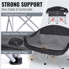 WILDROOTS outdoor folding double chair open setup demonstrates quick assembly for camping trips.
