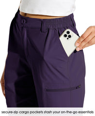 Willit women's 10in hiking shorts cargo-pocket closeup shows secure-zip pockets for on-the-go items