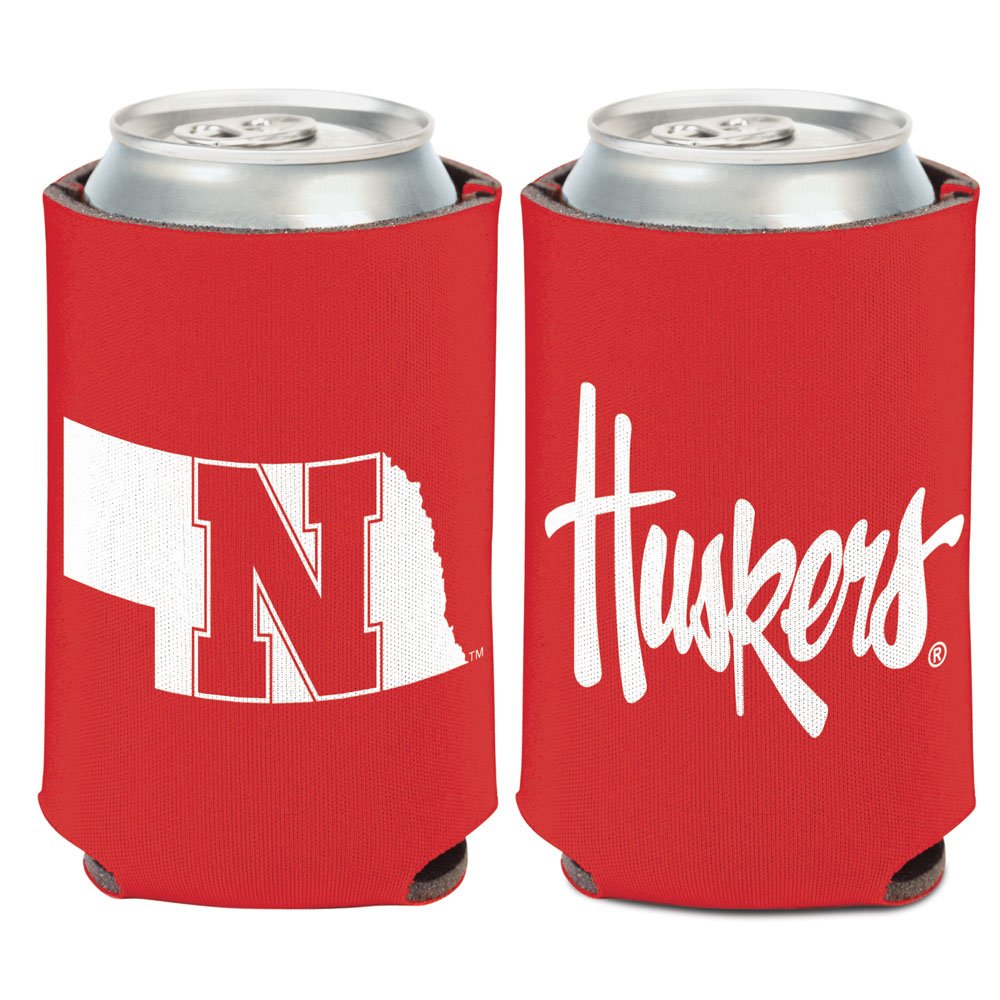 WinCraft Nebraska Cornhuskers 12oz can cooler, front view, keeps drinks cool during games.