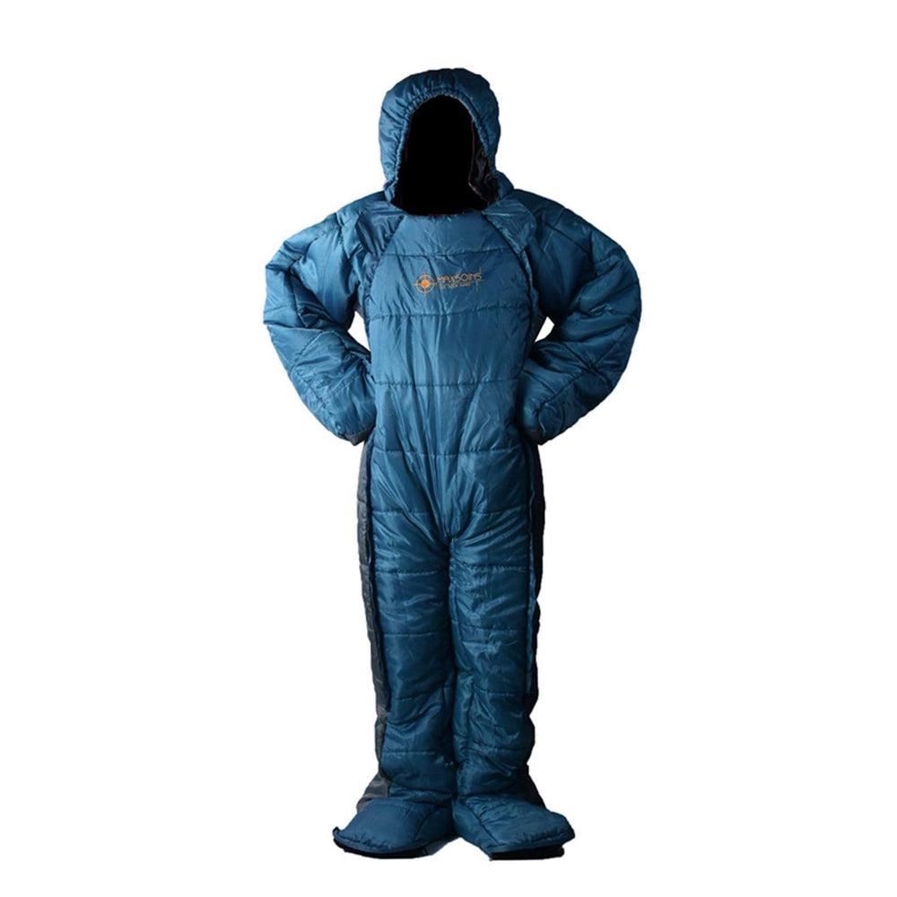 Windproof Temporary Rest Bag humanoid sleeping bag in blue-gray, warm for chilly outdoor nights.