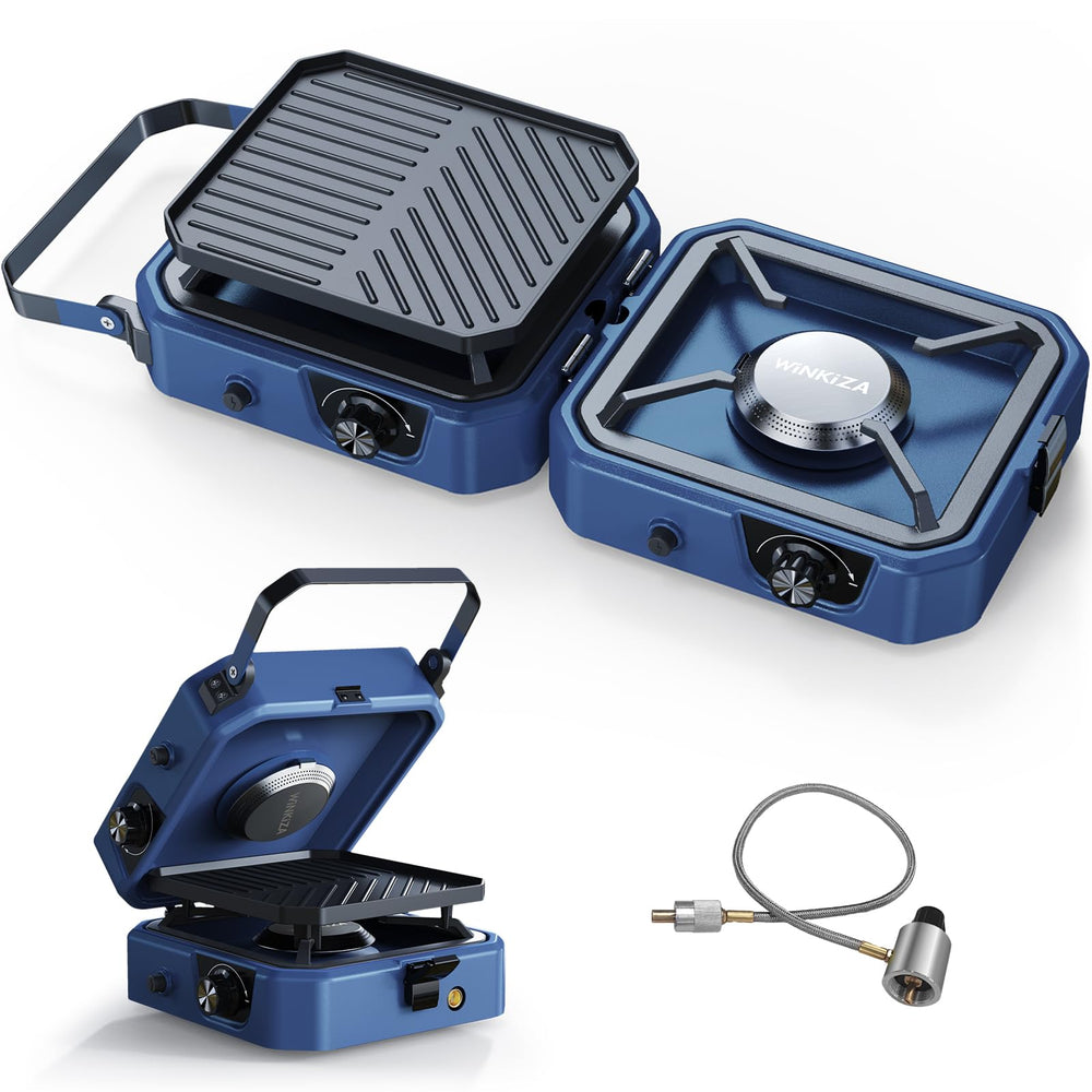 WINKIZA 2-burner camping stove assembly with dual burners for quick outdoor meals.