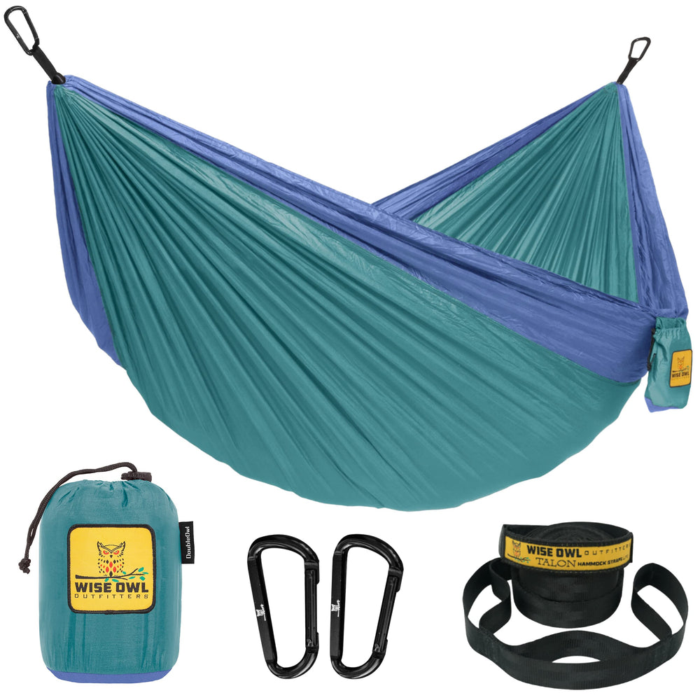 Wise Owl Outfitters camping hammock double sea green and pacific blue, packaged for travel-ready setup.