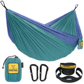 Wise Owl Outfitters camping hammock double sea green and pacific blue, packaged for travel-ready setup.