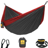 Wise Owl Outfitters hammock setup shows quick tool-free assembly for camping and travel
