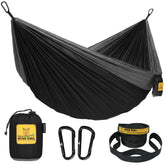 Wise Owl Outfitters single hammock in parachute nylon, quick and comfy outdoor setup.