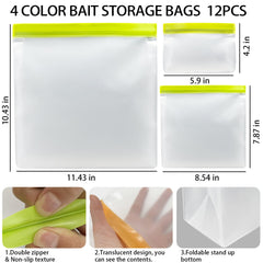 Self-sealing strip being closed on bait storage bag