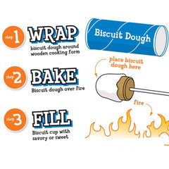 Wolf'em roasting stick attachments shown with marshmallows and treats for versatile campfire snacks