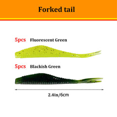 Assorted paddle tail lures, grubs, and soft plastics in multiple colors