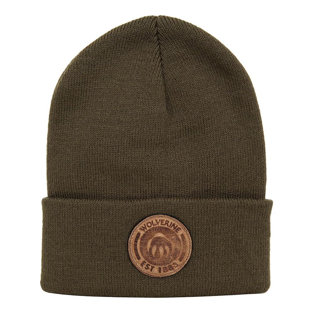 Wolverine watch cap with circle leather logo in dark olive, warm for outdoor activities
