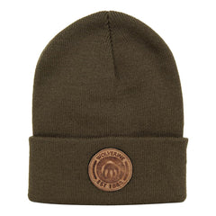 Wolverine watch cap with circle leather logo in dark olive, warm for outdoor activities