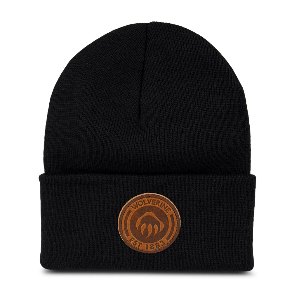 Wolverine watch cap circle logo black closeup for warmth