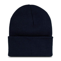 Close-up of Wolverine circle logo on knit cap in dark navy.