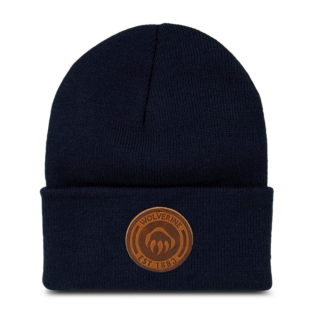 Wolverine watch cap with circle logo in dark navy, front view for warmth.