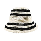 White striped crochet straw sun hat with wide foldable brim