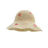 Beige wide brim foldable straw sun hat with strawberry pattern