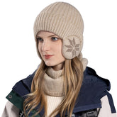 Woman wearing light Khaki beanie hat with circle scarf set