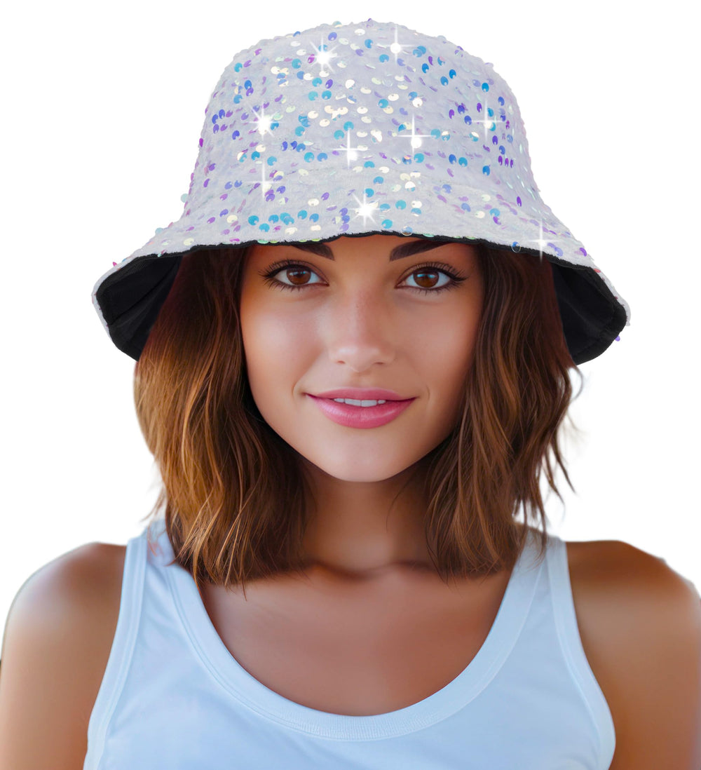 White sequin bucket hat on model