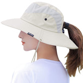Beige women's wide-brim sun hat with ponytail hole