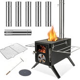 Womeyork Outdoor Stove folded legs show portable setup for backcountry trips.