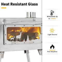 WomeYork portable wood-burning stove with chimney shows quick, clean setup for camp cooking.