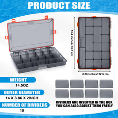 Wonderjune orange tackle box lid open revealing adjustable dividers for customizable storage