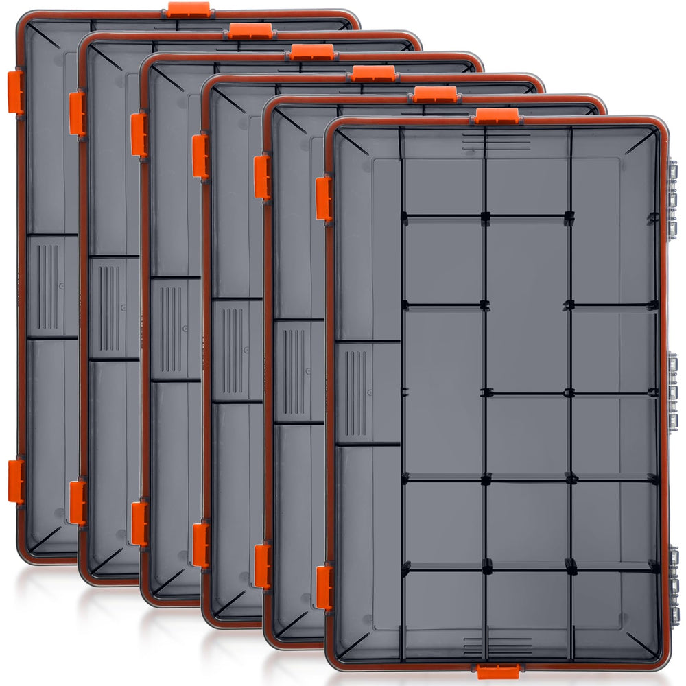 Wonderjune orange tackle box top view showing compact six-pack for organized gear