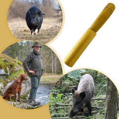 Wooden Wild Boar Caller attached to backpack for quick access.