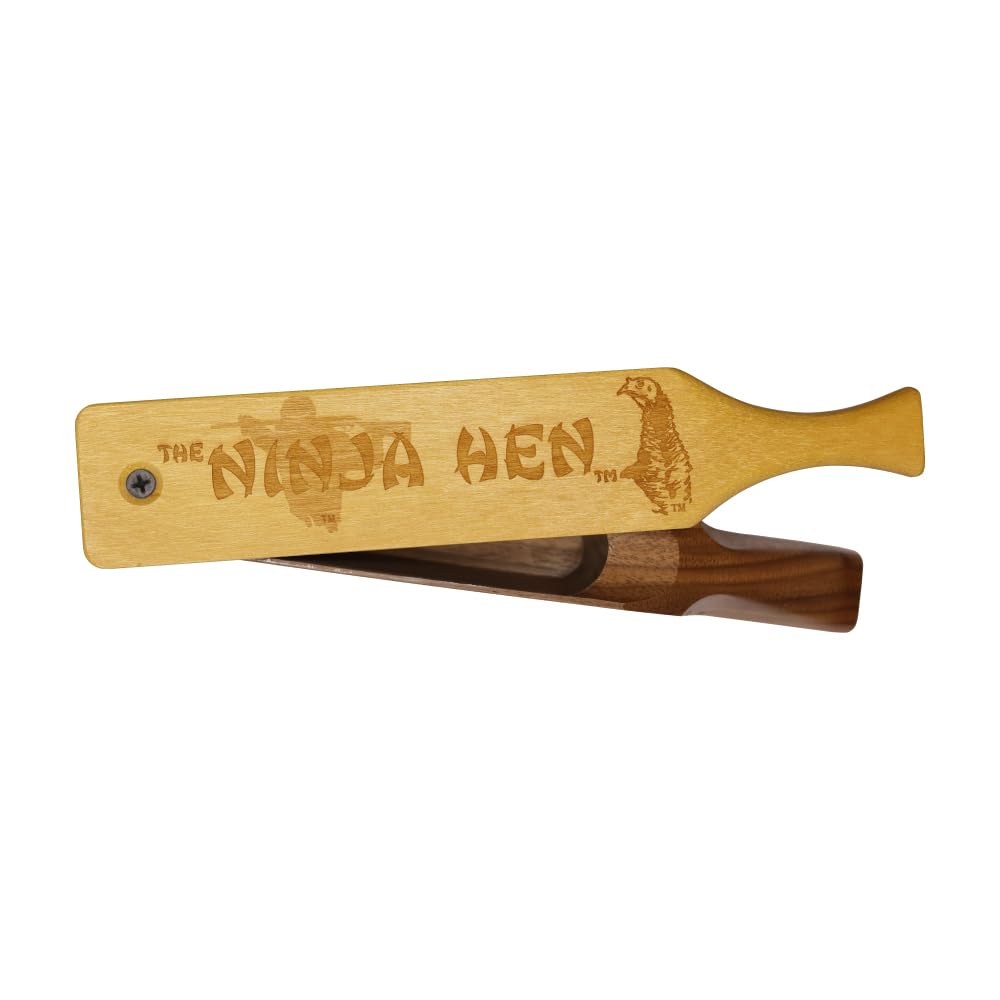 Woodhaven Ninja Hen box call showing walnut bottom and yellowheart lid for crisp turkey sounds