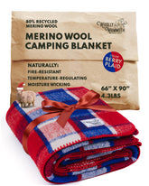 Woolly Mammoth Woolen Company wool blanket Berry Plaid folded for compact warmth on trips.