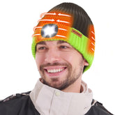 Front view of WOOMER heated beanie in grey and green