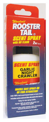 Wordens Rooster Tail Scent Spray 2oz bottle showing lure-rich scent for attracting fish