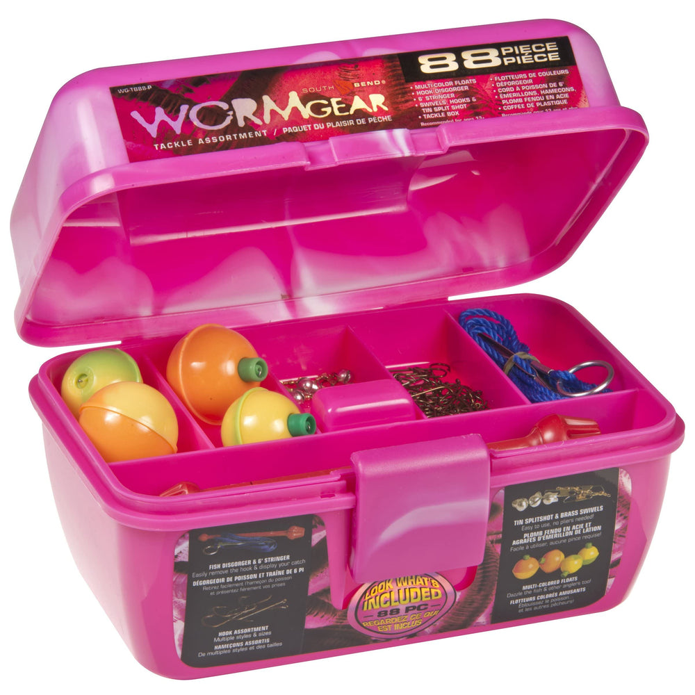 WORM GEAR 88-piece loaded tackle box keeps hooks, floats, and sinkers organized on fishing trips