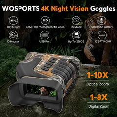 WOSPORTS 4K night vision goggles side view with ergonomic grip for long outdoor sessions