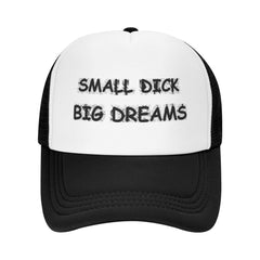 Wovotieh Small Dick Big Dreams hat front view, classic black trucker style for sunny days