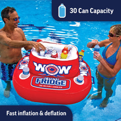 WOW Sports Inflatable Float Fridge side view demonstrates portable pool cooler on the water