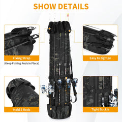 Wowelife fishing rod bag camouflage back view emphasizes backpack style for travel