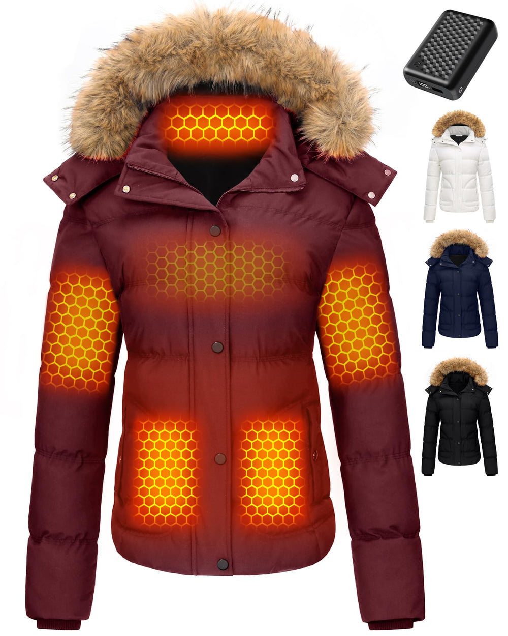 Wulcea women's short heated jacket front view showcasing graphene warmth for cold commutes