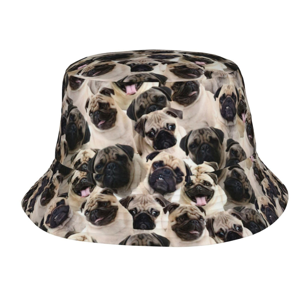 WURTON pug-print bucket hat in sunny outdoors for stylish sun protection