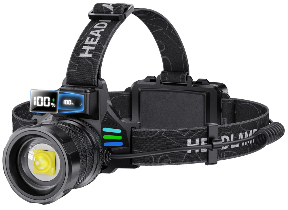 WWOAA headlamp digital display shows battery life for planning.