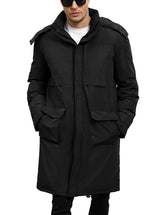 Wyeysyt men's long winter coat hooded front view for reliable warmth in cold conditions.