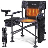 X Strike heated fishing chair backrest provides cushioned support on cold days.