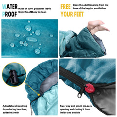 Xelaro Aquamarine sleeping bag rectangular design offers extra space for stretch-out comfort.