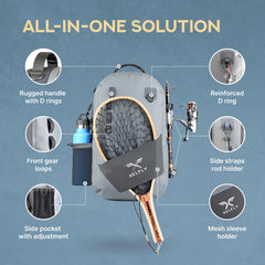 Back view showing integrated rod holders and net sleeve on the Xelfly pack