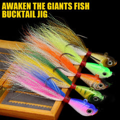 XFISHMAN bucktail jigs head detail highlights strong hooks and hair texture for lifelike movement.