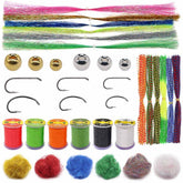 XFISHMAN Fly Tying Kit full contents laid out for beginners, showing easy-access grouping for practice.